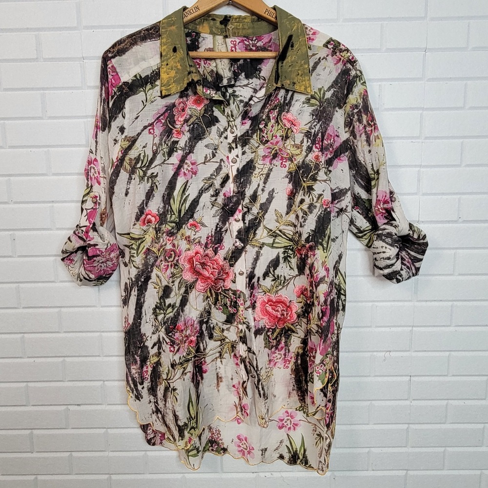Aratta Silent Journey Blouse Tunic‎ Top Medium Embroidered Boho Artsy Sheer - Picture 3 of 13